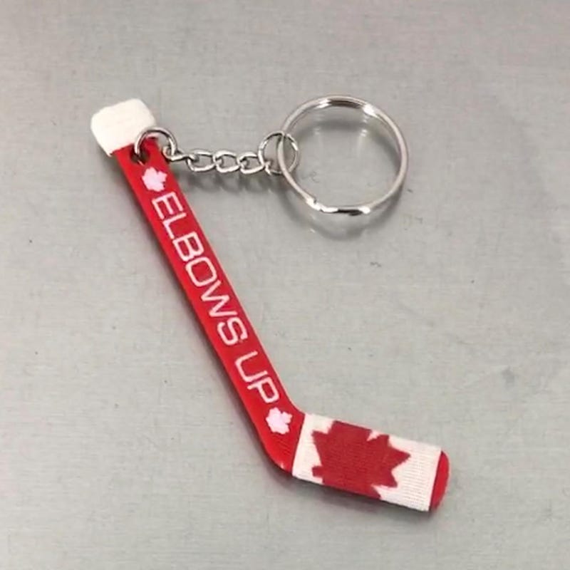 Elbows Up Canada - Personalized Canada Themed Tiny Hockey Stick Keychain, Keepsake or Gift - Double-Sided Text - Made in & ships from Canada