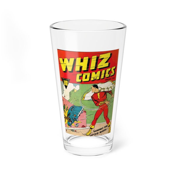 Whiz Comics #2 Glass, 16oz | Captain Marvel glass | Shazam | Comic Book Glassware | Superhero Glass | Golden Age of Comics