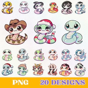 Zestaw Kawaii Snake - Urocze węże z kreskówek w stylu japońskim Zestaw PNG - Urocze wzory węży na rok 2025