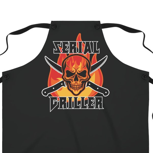 Serial Griller Black Apron with Skull n Flames, Chef Apron for BBQ Grilling, Cooking. Fathers Day Gift, For Stepdad