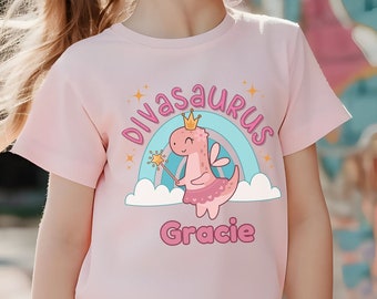AANGEPASTE meisje dinosaurus shirt, schattige gepersonaliseerde Dino shirts voor kinderen, meisjes dinosaurus geschenken, aanpasbaar T-Rex T-shirt, Fairy Princess Tee