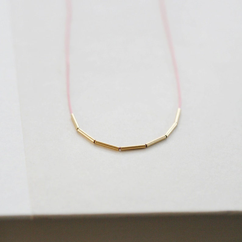 fay necklace silk string necklace with gold tube beads ultra skinny necklace, thin gold tube necklace, unique jewelry, dainty necklace image 3