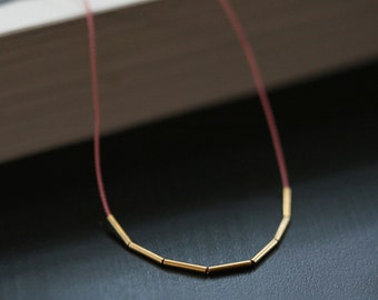 fay necklace - silk string necklace with gold tube beads - ultra skinny necklace, thin gold tube necklace, unique jewelry, dainty necklace