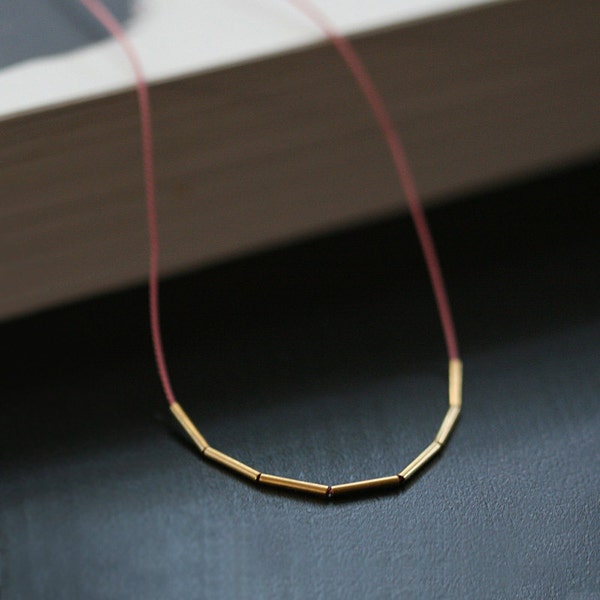 fay necklace - silk string necklace with gold tube beads - ultra skinny necklace, thin gold tube necklace, unique jewelry, dainty necklace