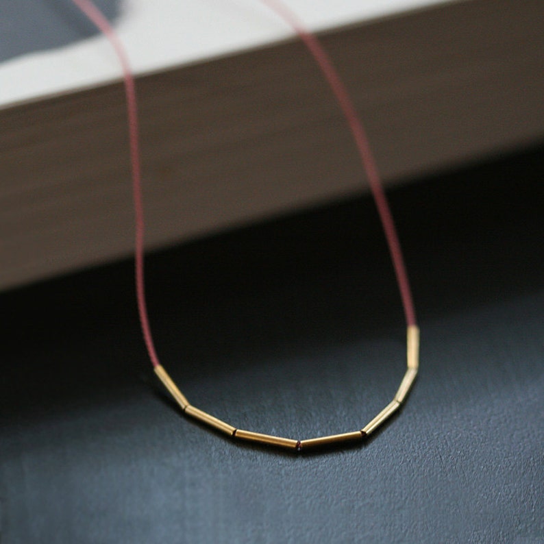 fay necklace silk string necklace with gold tube beads ultra skinny necklace, thin gold tube necklace, unique jewelry, dainty necklace image 1