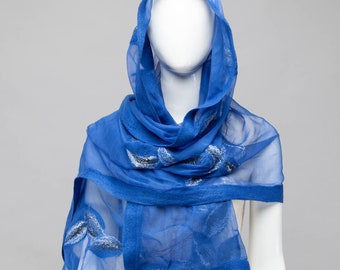 Elegant Blue nuno felted shawl - scarf - Handmade silk and wool - Special Occasion