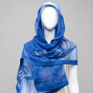 Elegant Blue nuno felted shawl scarf Handmade silk and wool Special Occasion image 1