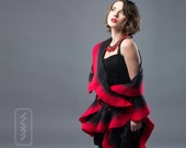 Red Felted Scarf Wavy ruffled Shawl Handmade wool and silk