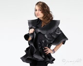 Felted wavy ruffled shawl Grey black silk wool woman gift