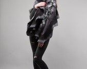 Grey shadows Grey and Black Felted scarf wavy ruffled shawl Handmade Silk wool