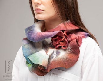 Scarf for woman  - Ruffled wavy collar - Felt scarf - Rainbow colors wrap - Merino wool scarf - Gift for woman, Gift under 50