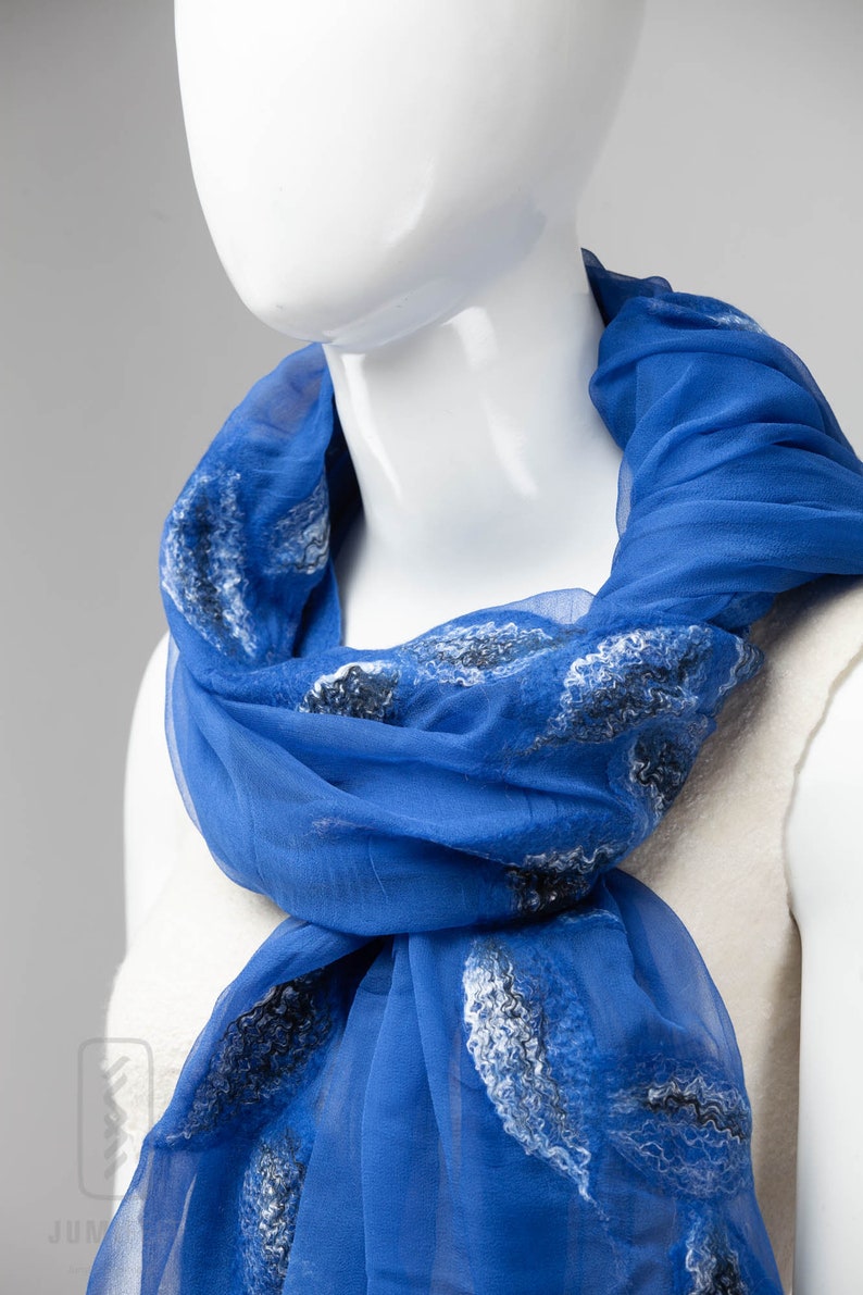 Elegant Blue nuno felted shawl scarf Handmade silk and wool Special Occasion image 3