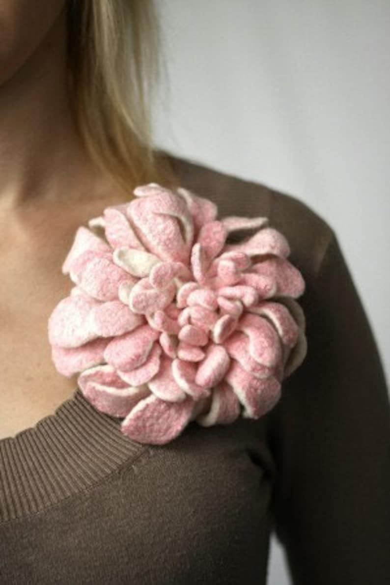Flower Brooch Hand felted Dahlia White and Pink Large flower brooch image 4