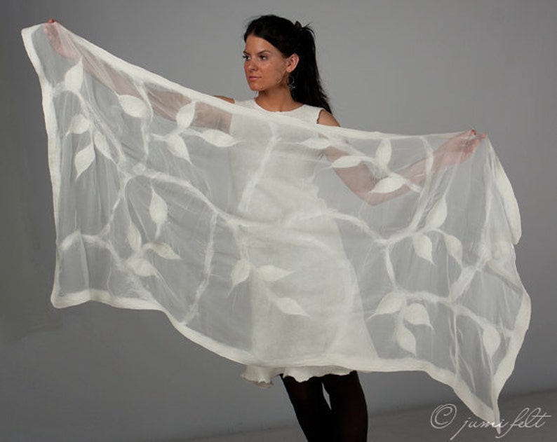 Nuno felted scarf White leaves petals Handmade Silk and wool Gift for Mum image 3