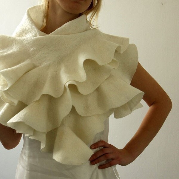 SPRING SALE -30% - Shawl Felted wavy ruffled scarf - For Special Occasion or Wedding Brides - Elegant White Ruffle - Handmade silk and wool
