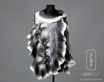 Felt Scarf - Wavy ruffled Shawl - Shiny Grey and White - Handmade wool and silk