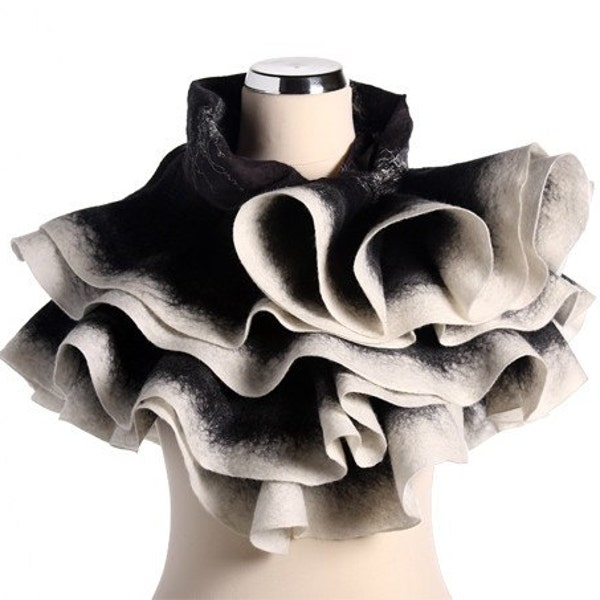 Wavy shawl Felt ruffled scarf - Game of Black and White - Handmade wool and silk