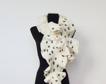 Scarf Ivory white grey dotted wool handfelted scarf