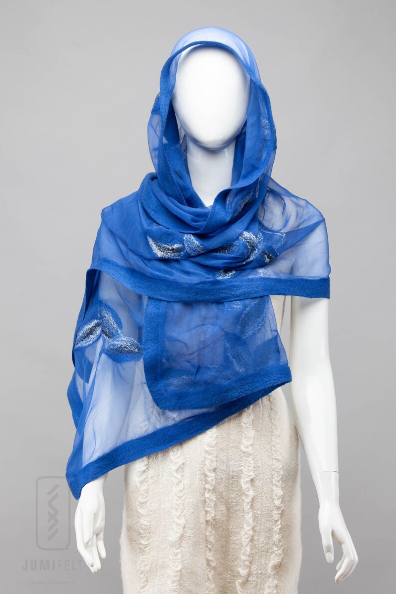 Elegant Blue nuno felted shawl scarf Handmade silk and wool Special Occasion image 1