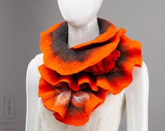 Scarf for woman, Felt scarf, Ruffled wavy collar, Orange scarf, Soft merino wool scarf, Small scarf,  Gift for her, Christmas gift