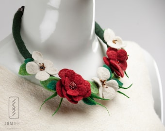 Necklace collar, Red and white flowers necklace, Felt collar, Wool necklace, Flower necklace