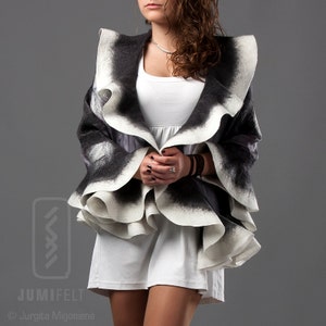 Shawl Felted ruffled scarf Grey ivory white shawl Elegant wool silk fiber art Clothing gift