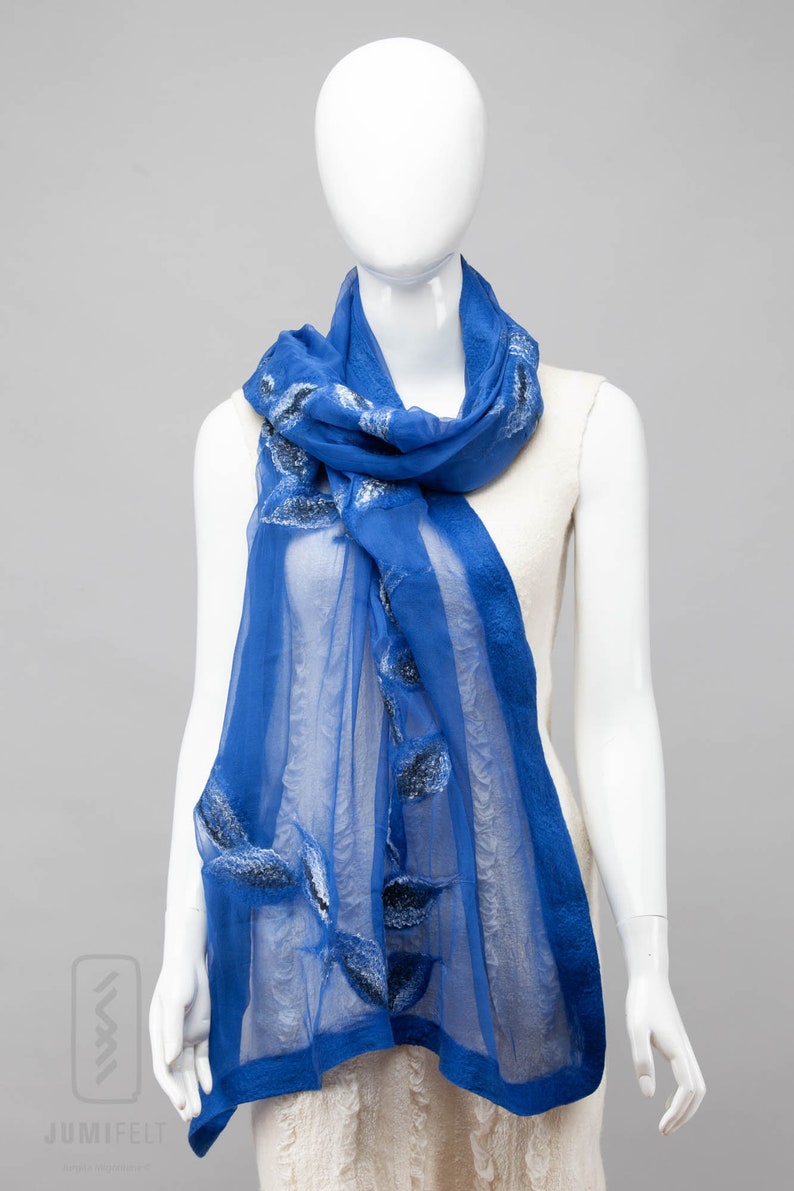 Elegant Blue nuno felted shawl scarf Handmade silk and wool Special Occasion image 7