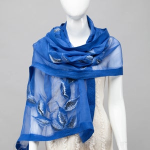 Elegant Blue nuno felted shawl scarf Handmade silk and wool Special Occasion image 5