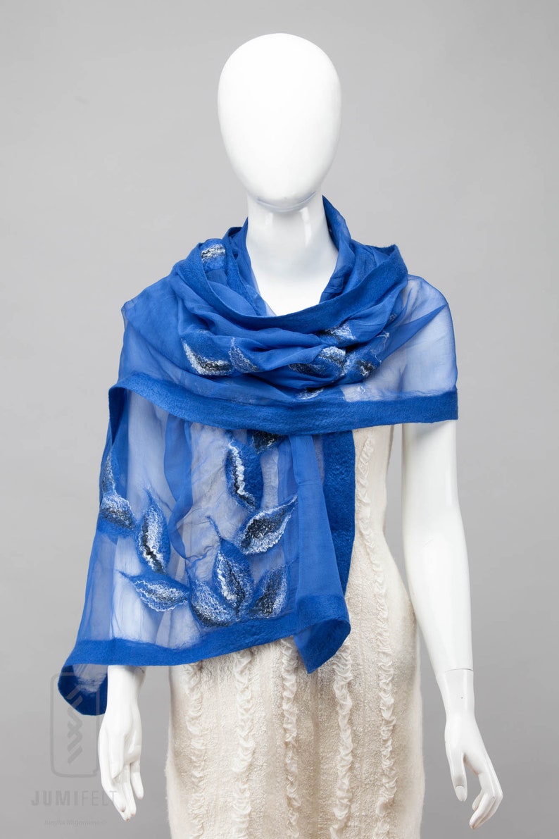 Elegant Blue nuno felted shawl scarf Handmade silk and wool Special Occasion image 5