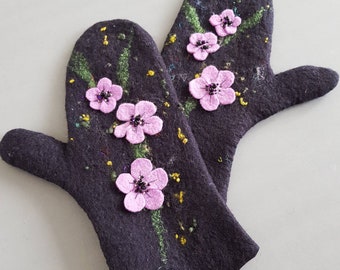 Mitaines feutrés Gants en laine Gants noirs avec des fleurs décor Gants en laine mérinos Prêt à expédier