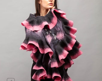 Shawl Felted ruffled scarf Gray pink shawl Elegant wool silk fiber art Clothing gift