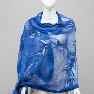 Elegant Blue nuno felted shawl scarf Handmade silk and wool Special Occasion image 6