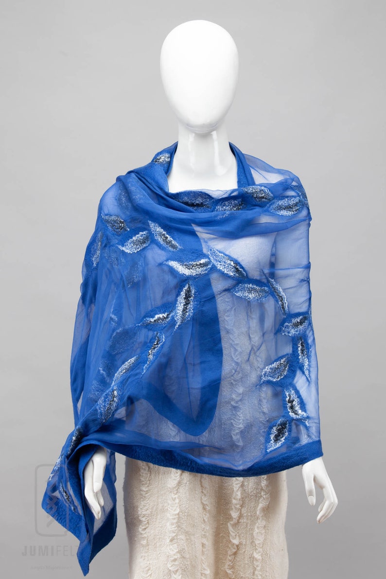 Elegant Blue nuno felted shawl scarf Handmade silk and wool Special Occasion image 6