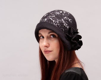 Cloche Felt Black Hat Retro style Soft Wool Warm Headpiece