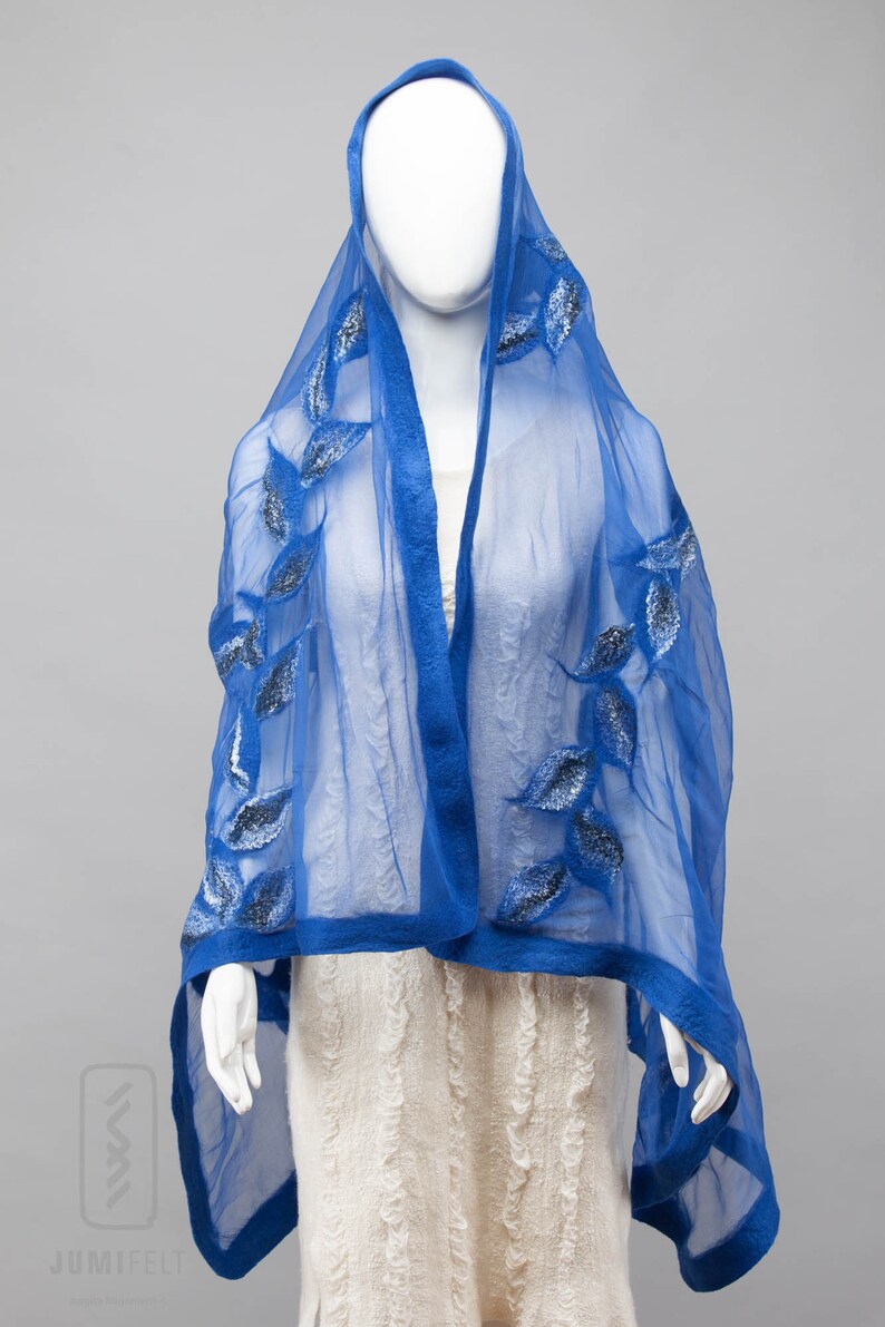 Elegant Blue nuno felted shawl scarf Handmade silk and wool Special Occasion image 4