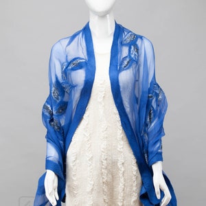 Elegant Blue nuno felted shawl scarf Handmade silk and wool Special Occasion image 2