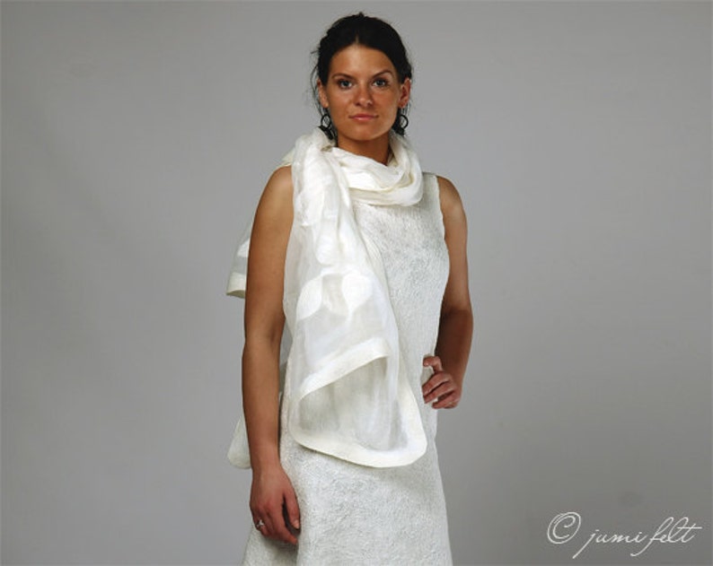 Nuno felted scarf White leaves petals Handmade Silk and wool Gift for Mum image 4