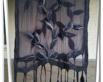 Gray felted scarf wool silk, felt scarf, grey leaves petals, dark grey silk scarf, scarf for her, gift scarf