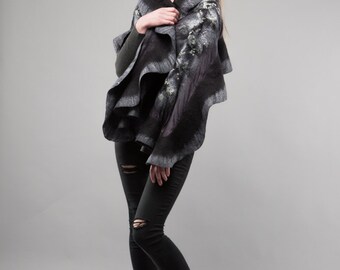 Grey shadows Grey and Black Felted scarf wavy ruffled shawl Handmade Silk wool