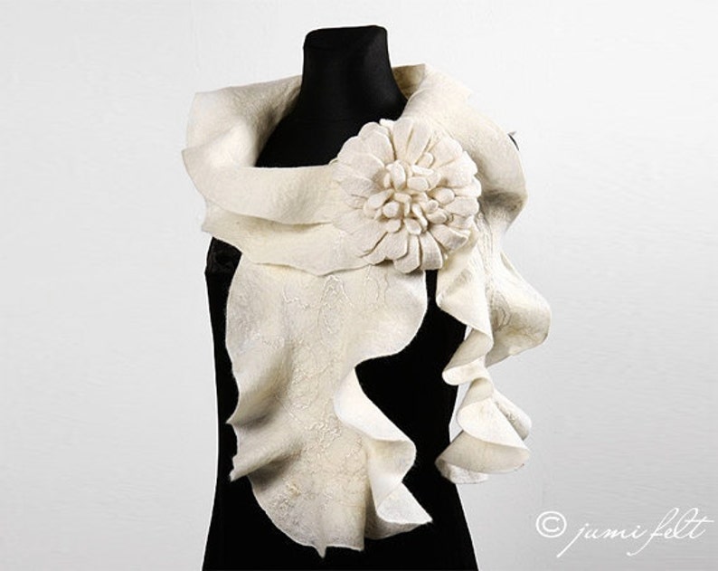 Ivory white felted scarf, Felt scarf for women, Nuno felt scarf, Ruffle collar, Womens felt scarf, Gift for wife, Gift for her, image 1