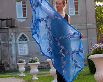 Scarf Shawl Nuno felted - Sky blue leaves  - Handmade - Silk and wool