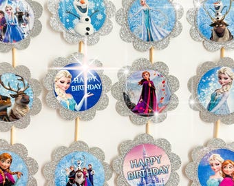 12 Sparkle Frozen toppers, Elsa Anna toppers, Olaf toppers, Let it go party, Frozen cupcakes, Frozen birthday, Frozen party, Frozen favors