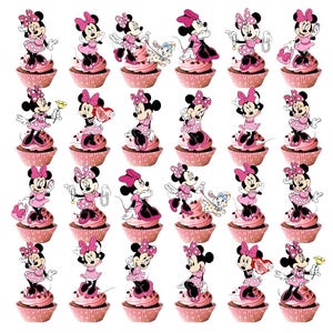 May include: Twenty-four cupcake toppers featuring a cartoon mouse wearing a pink dress and a red bow. The toppers are printed on a white background and are perfect for a birthday party or other special occasion.