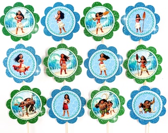 12 Moana toppers, Moana birthday, Moana cupcakes, Moana party, Moana cupcakes, Moana party favors, Moana decorations, Moana table, Moana