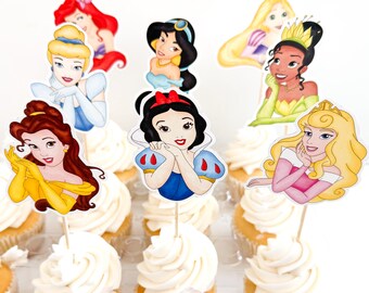 12 Princess toppers, Princess cupcakes, Princess birthday, Princess party, Princess treats, Princess picks, Princess favors, Princess cake