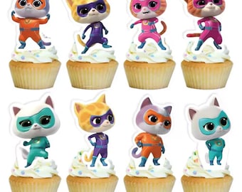 24 Super Kitties toppers, Super Kitties cupcakes, Super Kitties birthday, Super Kitties party, Super Kitty party picks, Super Kitty