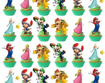 24 Mario cupcake toppers, Mario birthday cupcakes, Mario birthday, Mario treats, Mario party, Super Mario toppers, Mario favors, Mario table