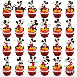 May include: A collection of cupcakes with Mickey Mouse toppers. Each cupcake has a red wrapper, red frosting, and a Mickey Mouse figure in various poses. The Disney logo is visible in the top left corner. The image has a white background.