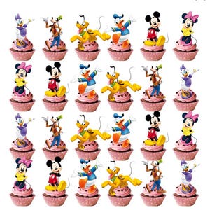 May include: A collection of cupcakes with pink frosting and various Disney character toppers, including Mickey Mouse, Minnie Mouse, Donald Duck, Goofy, Pluto, and Daisy Duck. The cupcakes are in pink paper liners.