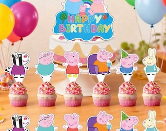 24 Peppa pig toppers, Peppa pig birthday, Peppa pig party, Peppa Pig cupcakes, Peppa pig favors, pig party, Pig birthday, Peppa favors